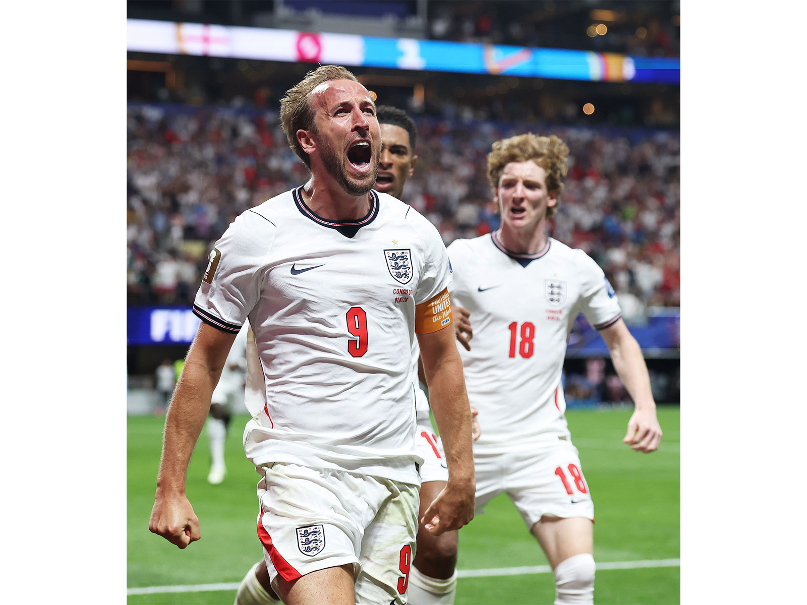 Harry Kane celebrating a goal with his England teammates. (Photo: X/ @England)