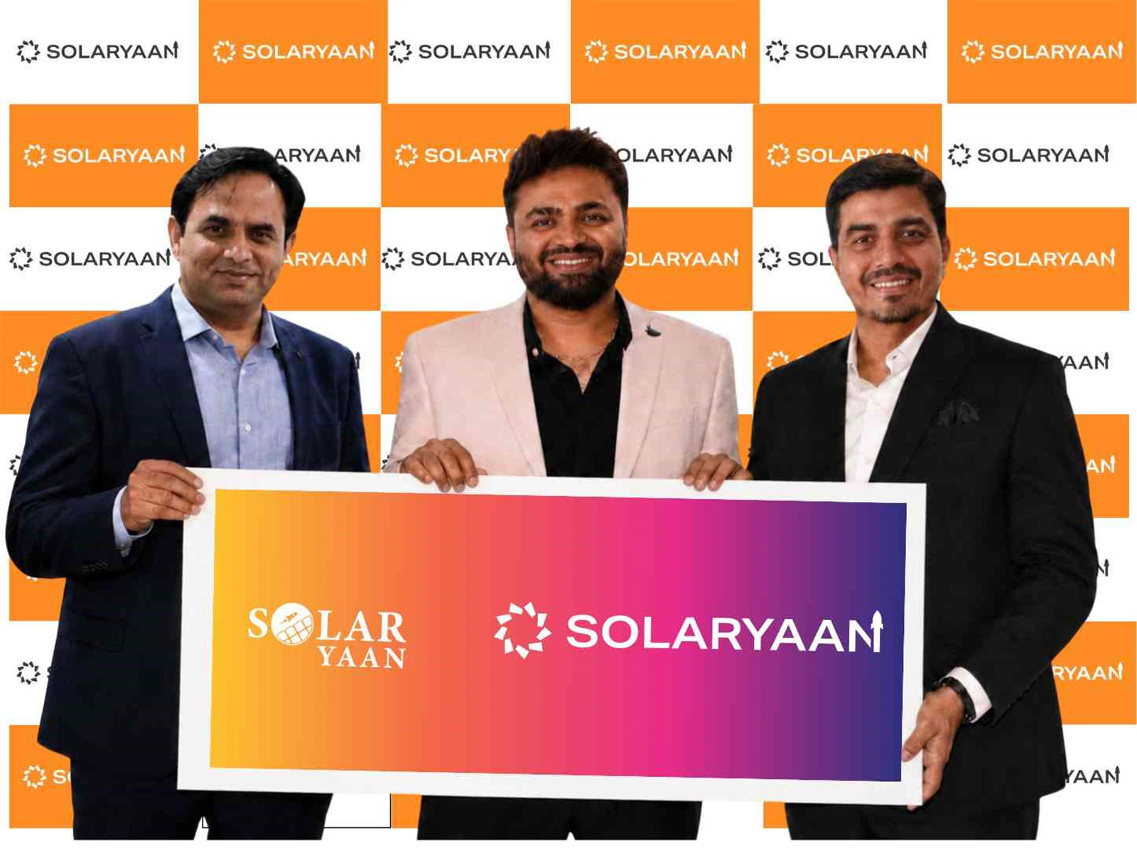 Manoj Patel Founder and CMD with Shalin Botadra Co-Founder and JMD and Chirag Patel CEO unveiling the new Solaryaan 2.0 Logo