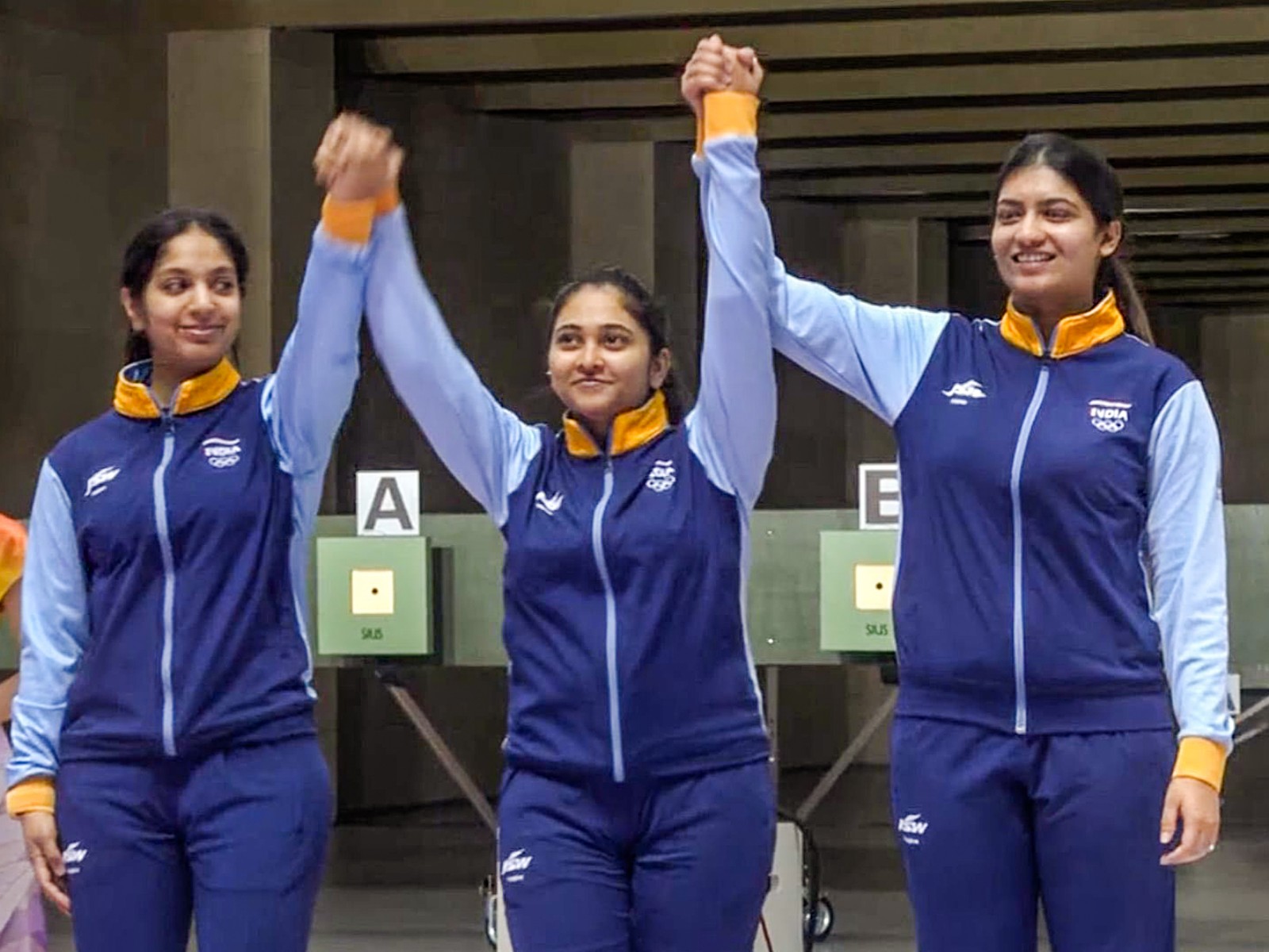 Indian shooting team athletes Ramita, Mehuli Ghosh and Ashi Choukseyat 2023 Asian Games. (ANI Photo)