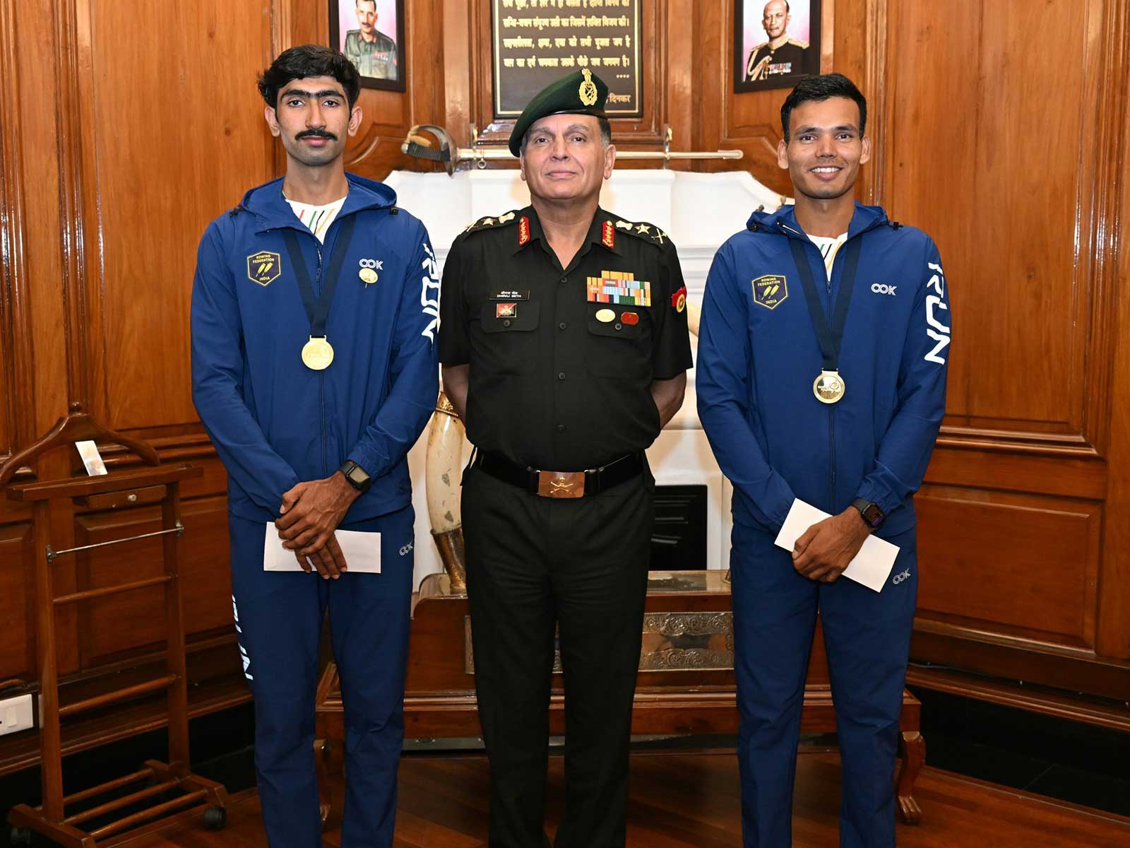 Army Chief Gen Dhiraj Seth felicitates rowers Lakshay, Ujjwal (Photo: Additional Directorate General of Public Information, IHQ of MoD (Army))