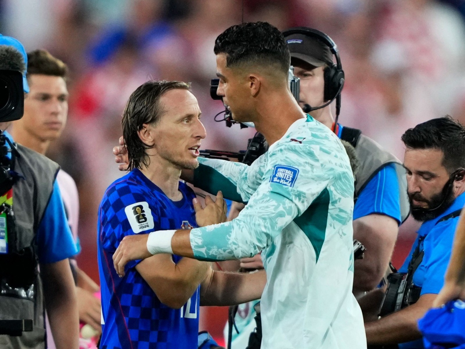 Portugal's Cristiano Ronaldo and Croatia's Luka Modric embrace after the match. (Photo: IMAGN IMAGES via Reuters)
