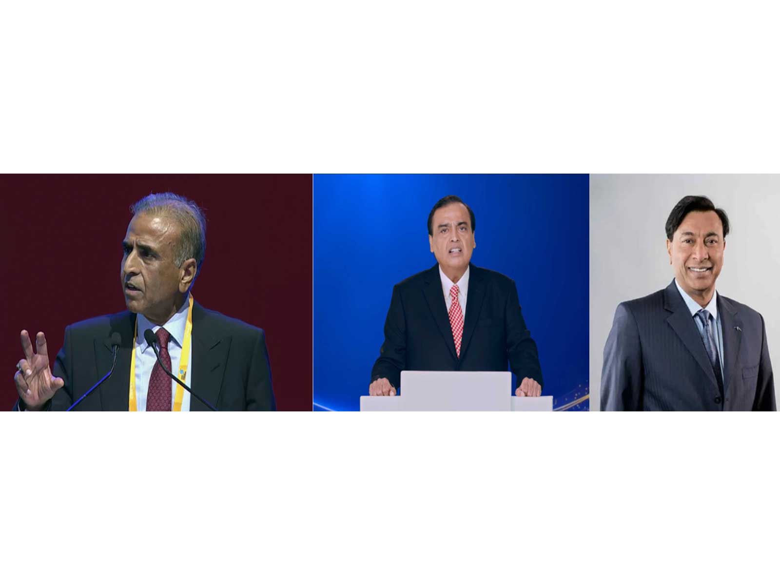 Sunil Bharti Mittal, Founder and Chairman of Bharti Enterprises; Mukesh Ambani, Chairman and Managing Director, Reliance Industries; Lakshmi N. Mittal, Executive Chairman, ArcelorMittal (Photo/ANI)