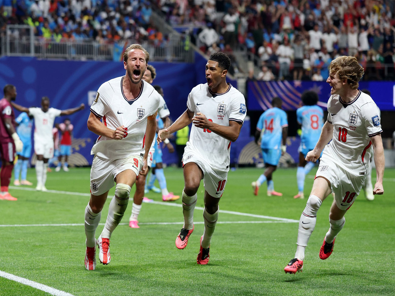 England's Harry Kane celebrating with his teammates after the win. (Photo: X/ @ England)