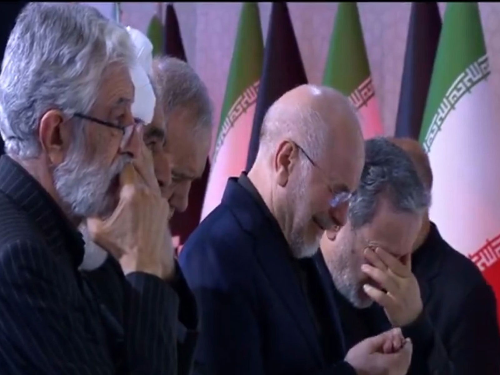Iranian Parliament Speaker Mohammad Bagher Ghalibaf and Iranian Foreign Minister Abbas Araghchi breaking down in tears during the farewell ceremony for former Iranian Supreme Leader Ayatollah Ali Khamenei (Photo/IranianStateMedia/IRIB)