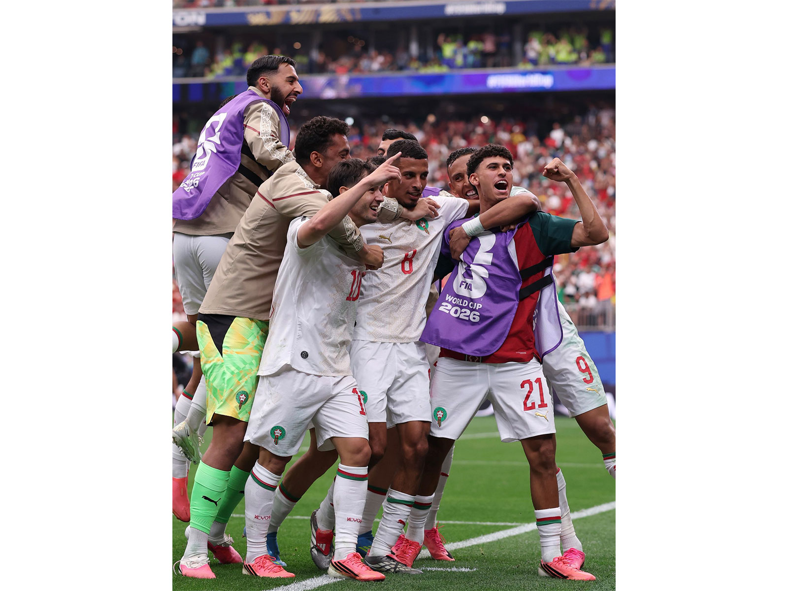 Morocco team players celebrating after a goal against Canada in Round of 16 match of FIFA World Cup 2026. (Photo: X/ @FIFAWorldCup)