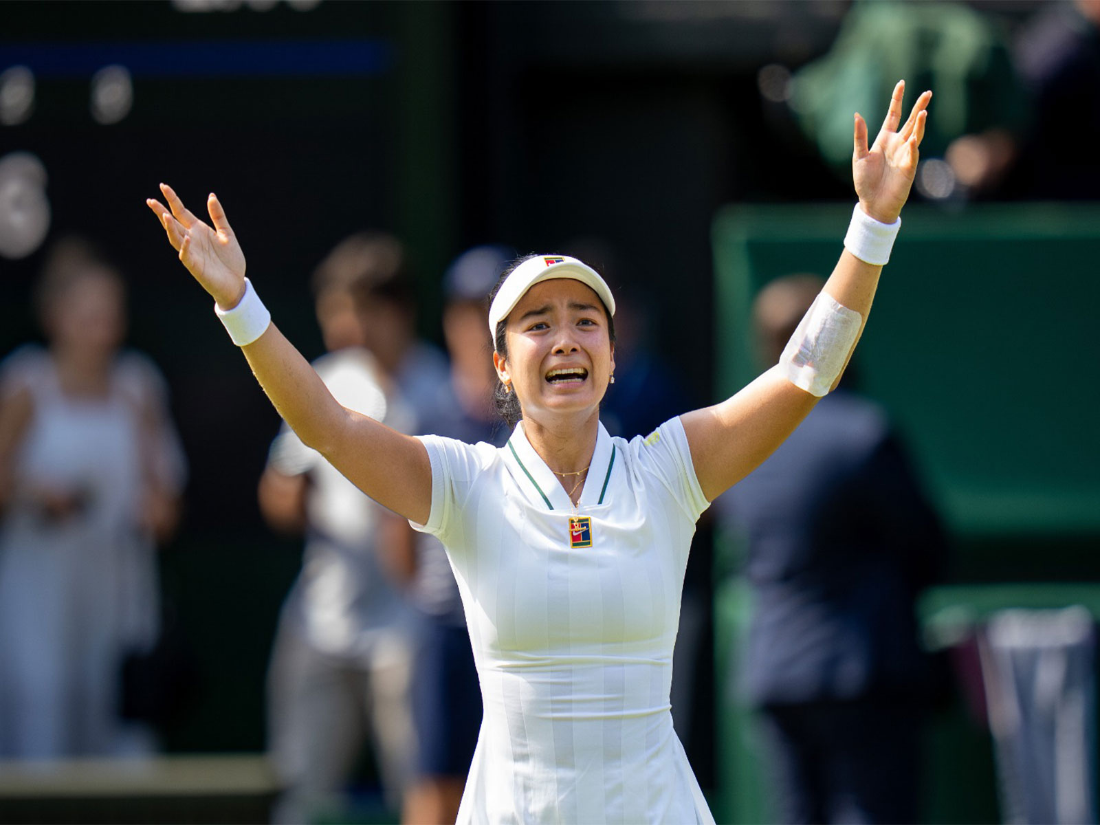 Alexandra Eala of the Philippines celebrates winning her match against Iga Swiatek of Poland on day six at All England Lawn Tennis and Croquet Club. (Photo: Susan Mullane-Imagn Images/ Reuters)
