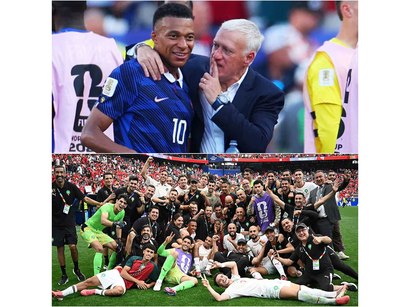 Kylian Mbappe with coach Deschamps and Morocco football team celebrating. (Photo: Reuters and @ChefGov_ma X)