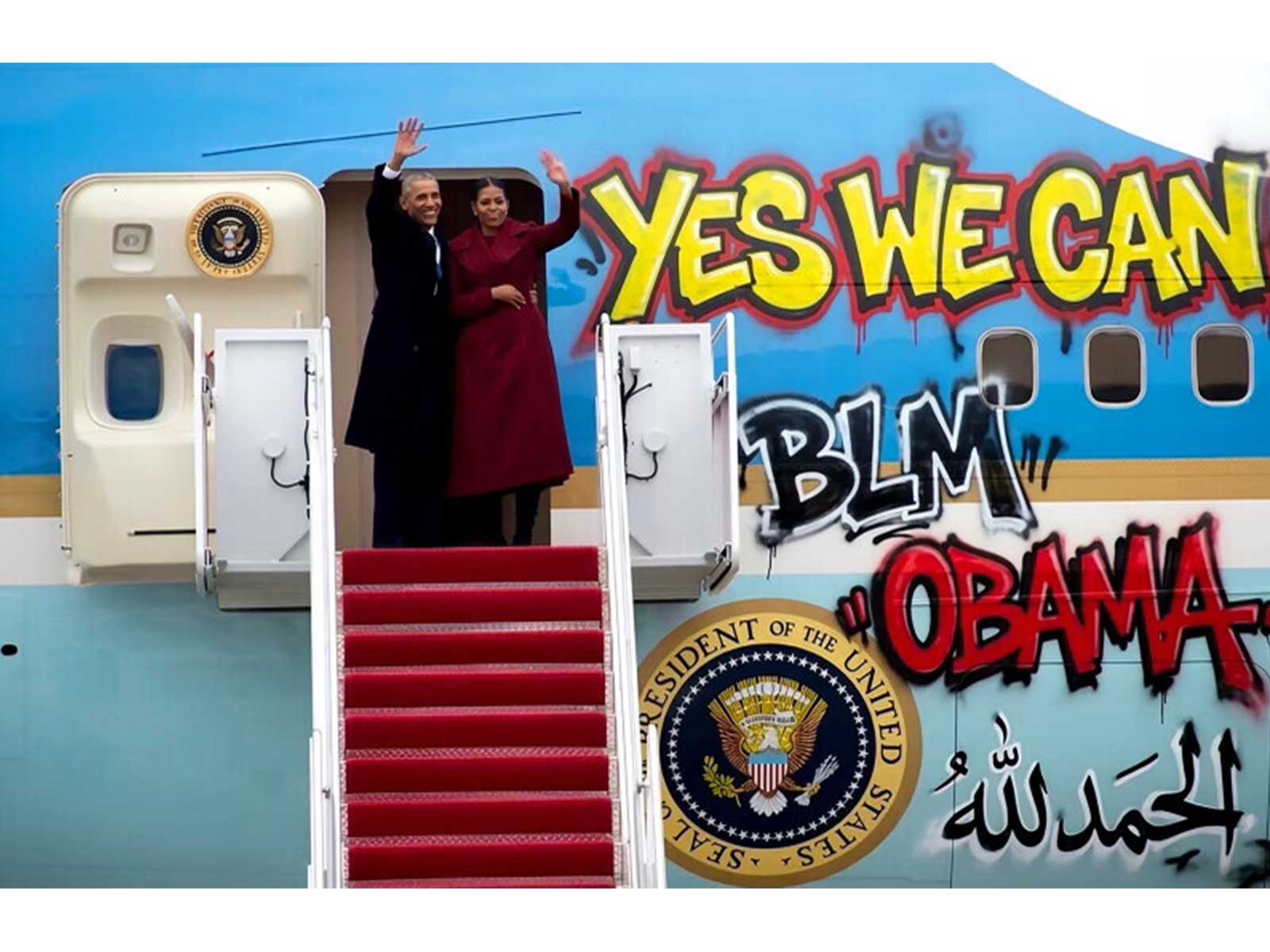 Trump shares doctored image of Obama and Michele with Graffiti-covered Air Force One (Photo/TruthSocial/@realDonaldTrump)