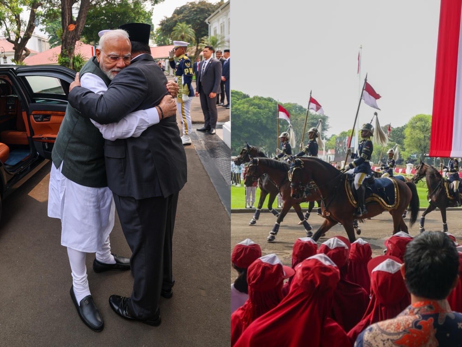 Prime Minister Narendra Modi shares a warm hug with Indonesian President Prabowo Subianto and receives a ceremonial welcome with a Guard of Honour in Jakarta on Tuesday. (Photo: X/@MEAIndia)