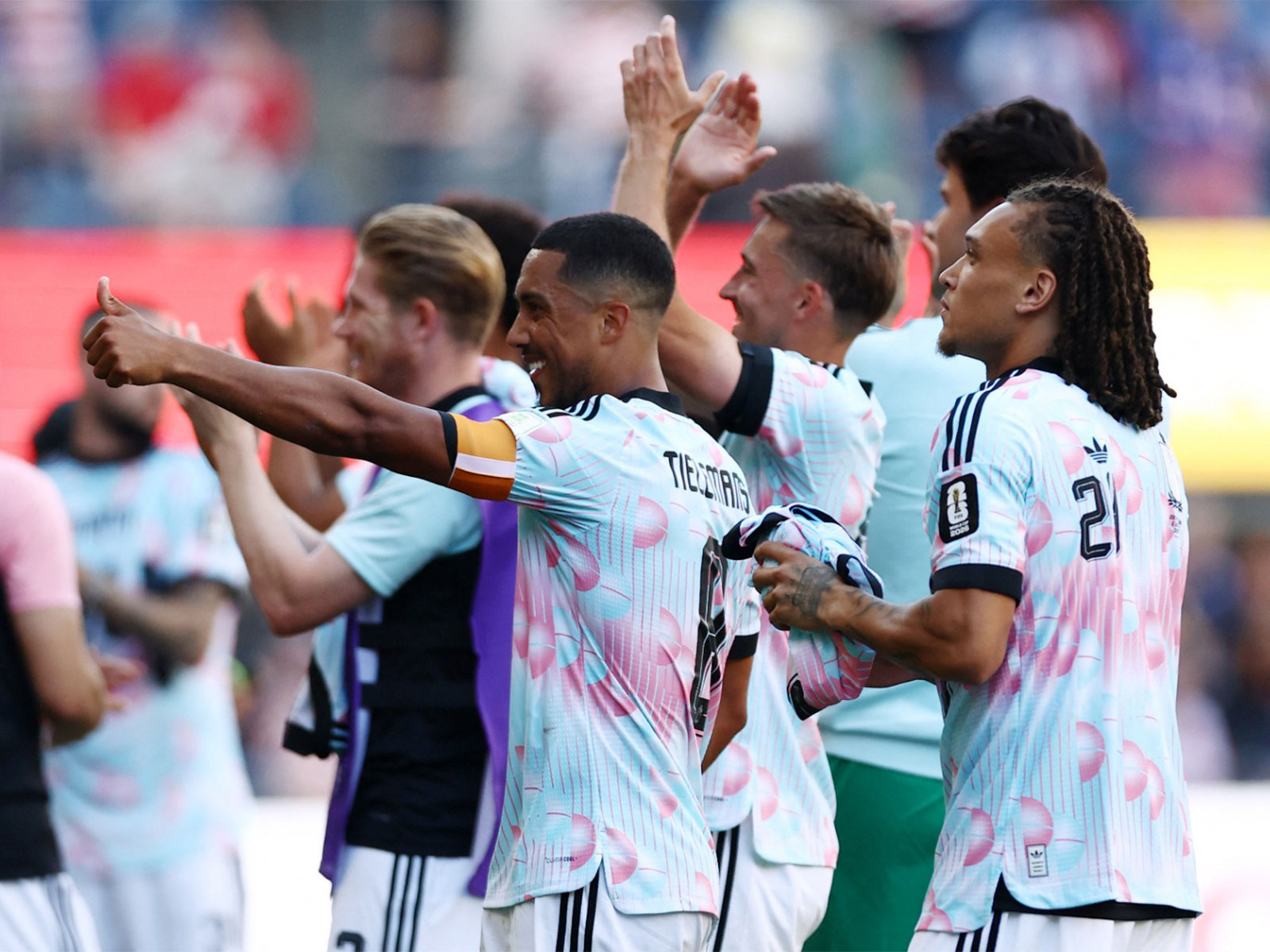 Belgium's Youri Tielemans and teammates celebrate after the match as Belgium qualify for the quarter finals of the World Cup (Photo: Reuters)