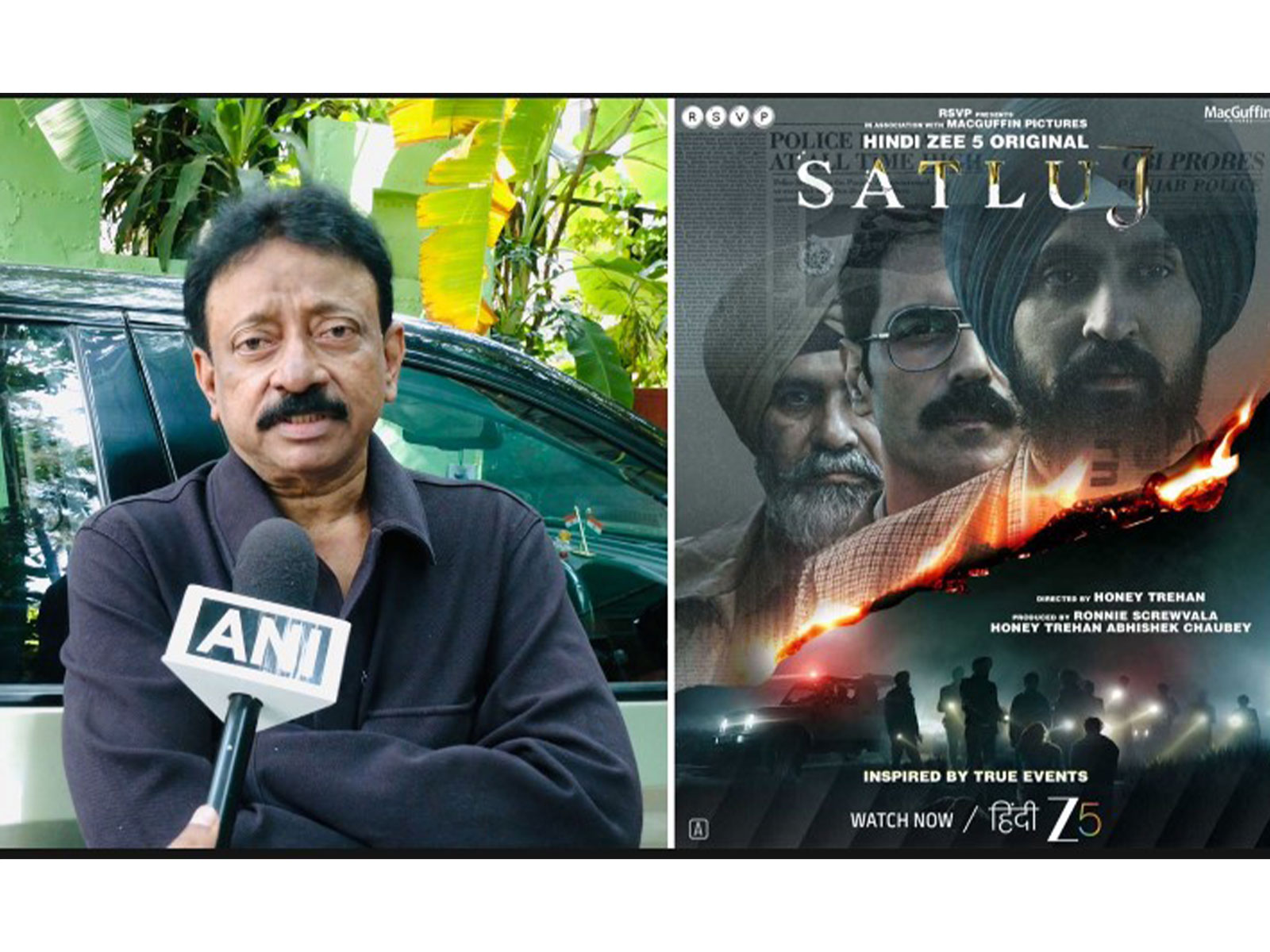 Ram Gopal Varma (L) 'Satluj' poster (R) (Photos/ANI/Instagram@ZEE5)
