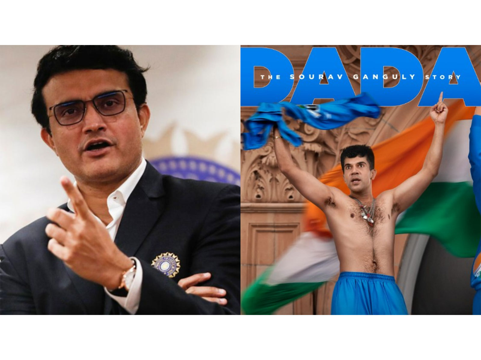 Sourav Ganguly (L) Dada poster (R) (Photos/ANI/instagram/@rajkummar_rao)