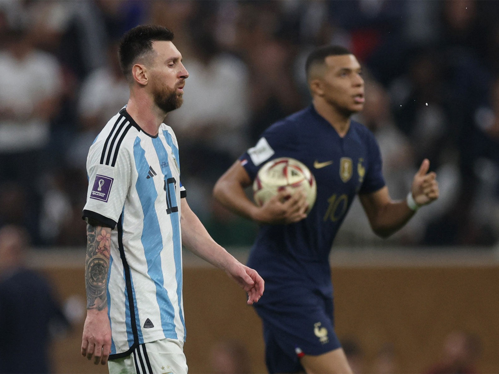Argentina's Lionel Messi and France's Kylian Mbappe during Argentina vs France FIFA World Cup 2022. (Photo: Reuters)