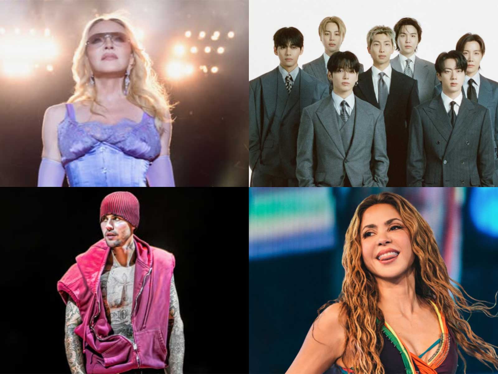 Madonna, BTS, Justin Bieber, Shakira (Photo: Instagram/@madonna, @bts.bighitofficial, @lilbieber, @shakira)