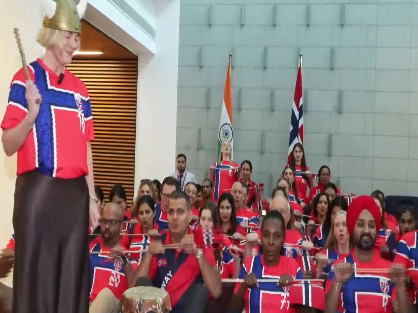 Norway Ambassador to India May-Elin Stener leads Viking Row celebrations in Norway Embassy. (Photo: ANI)