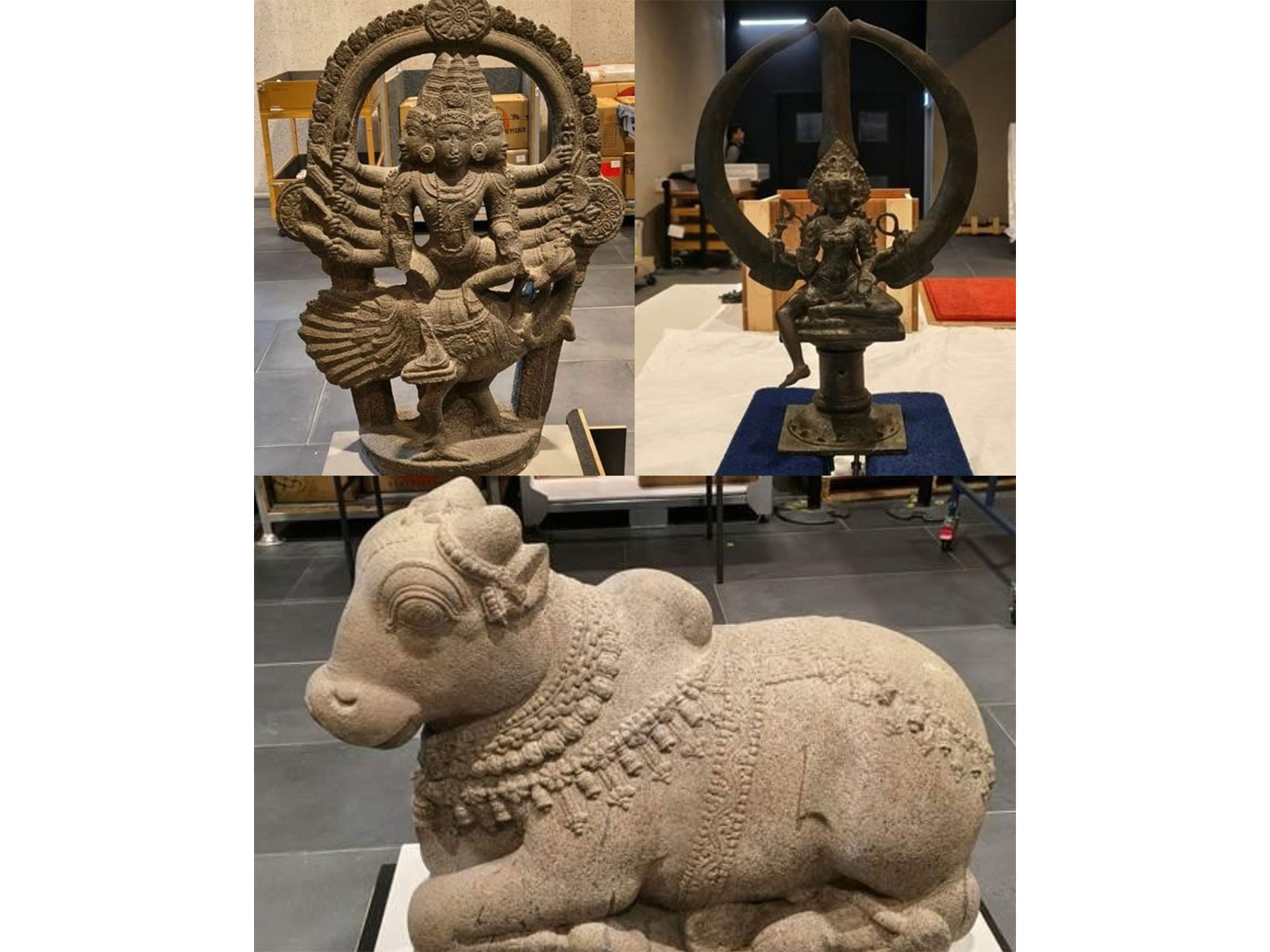 Ancient Indian antiquities, including a granite Nandi sculpture, a bronze Trident featuring Bhadrakali (Photo/ANI)