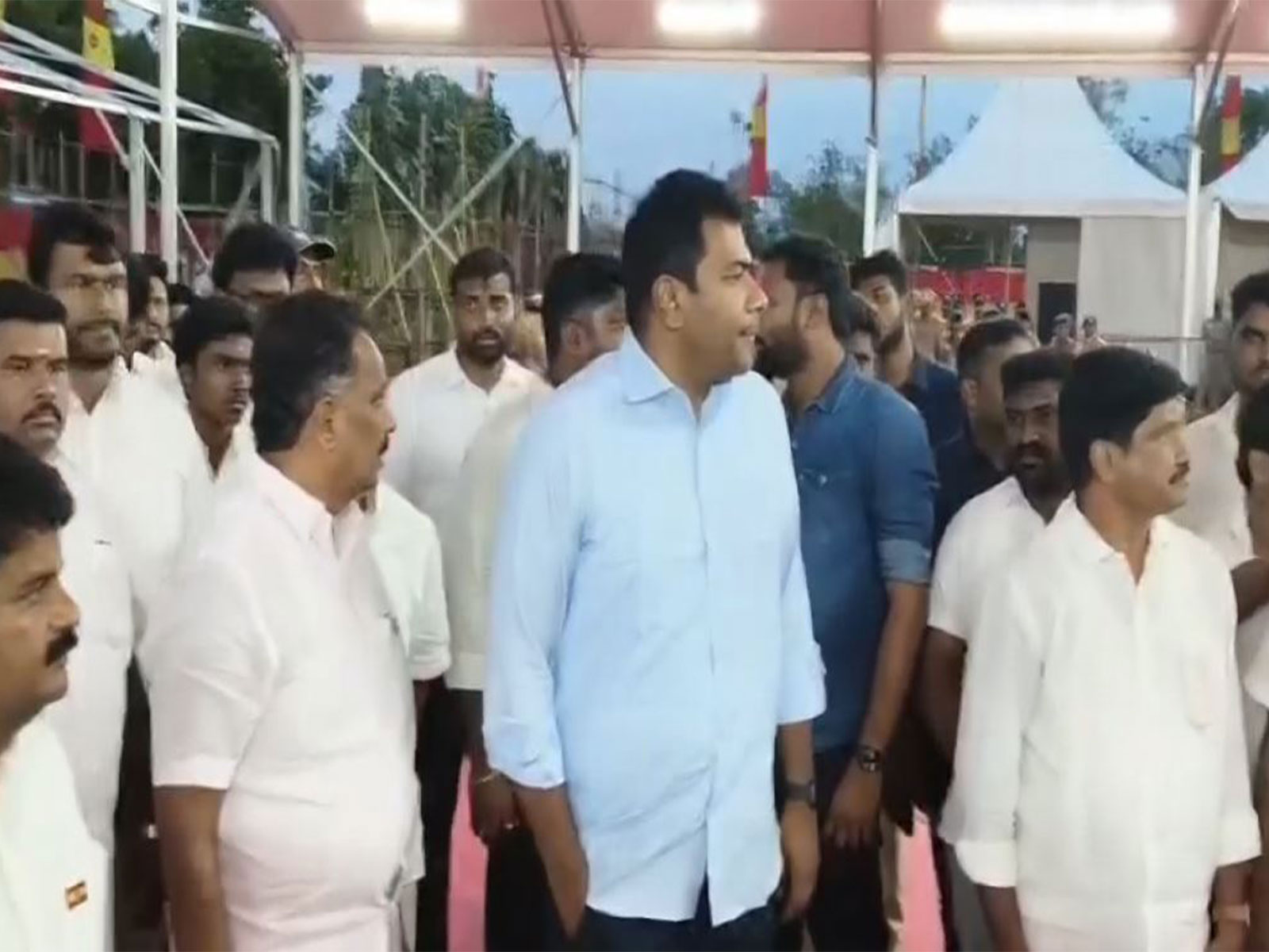 TVK leader Aadhav Arjuna inspecting the arrangements for Chief Minister Vijay's Karur visit (Photo/ANI)