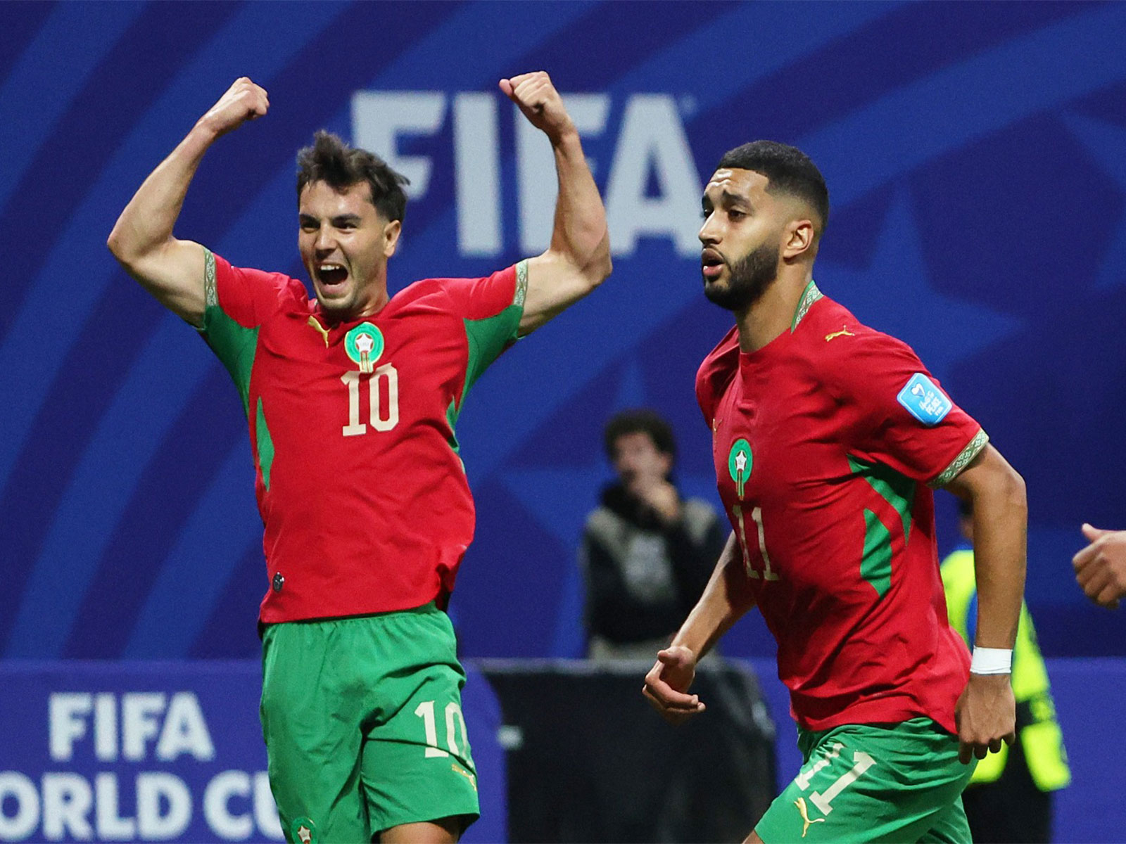 Morocco's Ismael Saibari celebrates scoring their second goal with Brahim Diaz.  (Photo/ IMAGN IMAGES via Reuters)