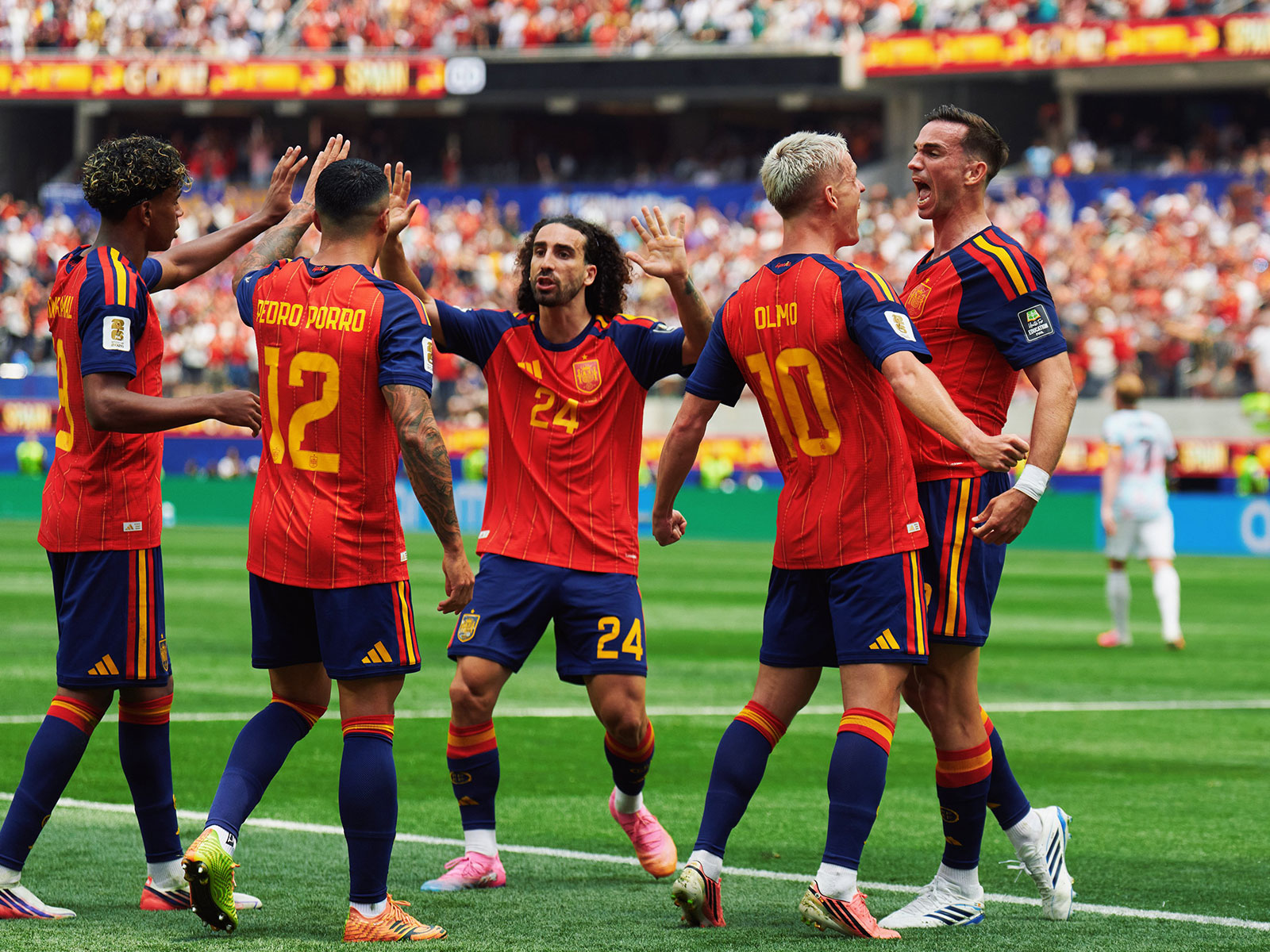 Spain players celebrating during QF clash against Belgium (Photo: X/@SEFutbol)