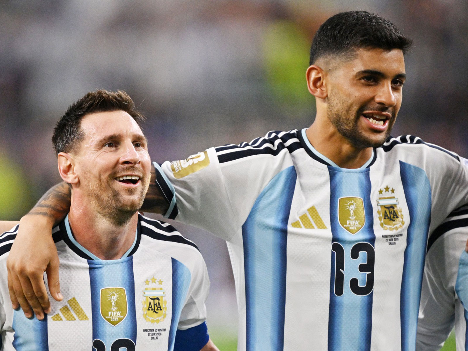 Argentina's Lionel Messi and Cristian Romero. (Photo/IMAGN IMAGES via Reuters) 