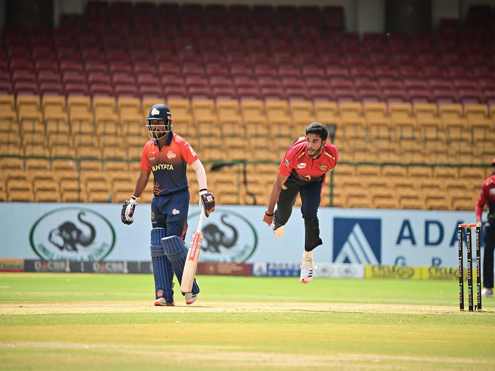 Dhanush Gowda bowling (Photo: Maharaja Trophy KSCA T20)