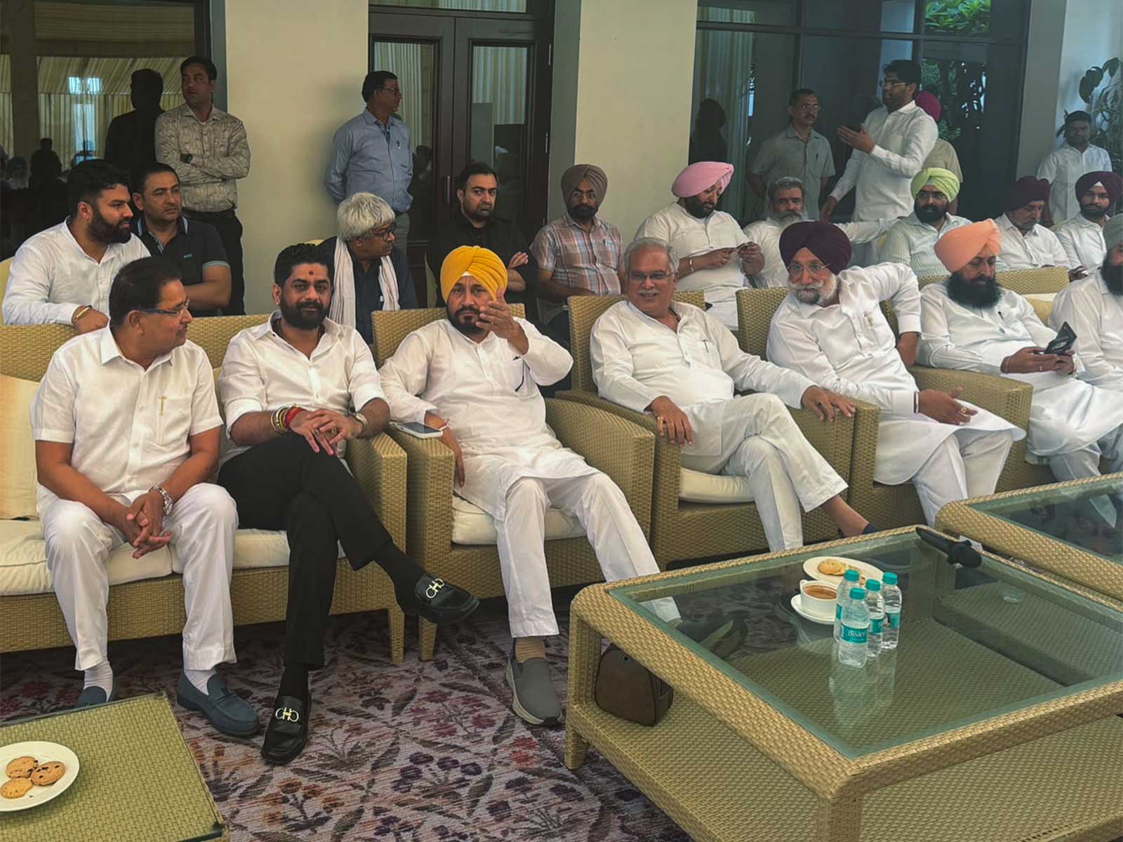 Congress MP Charanjit Singh Channi, with other party leaders, during a meeting with party in-chareg for Punjab Bhupesh Baghel (Photo/ANI)