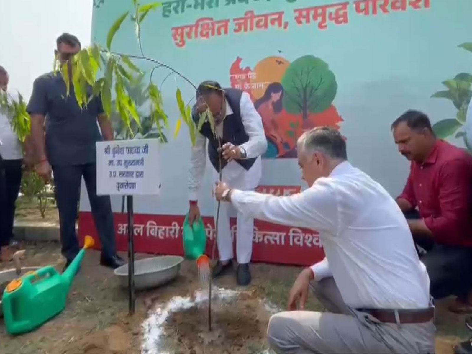 Uttar Pradesh Deputy Chief Minister Brajesh Pathak plants sapling at Atal Bihari Vajpayee Medical University (Photo/ANI)