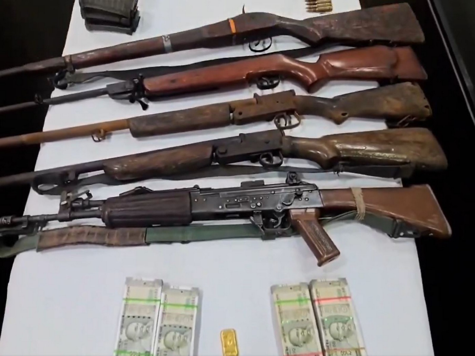 Security forces recover arms, explosives, cash and gold worth around Rs 18 lakh during an anti-Naxal operation in Dantewada (Photo/ANI)