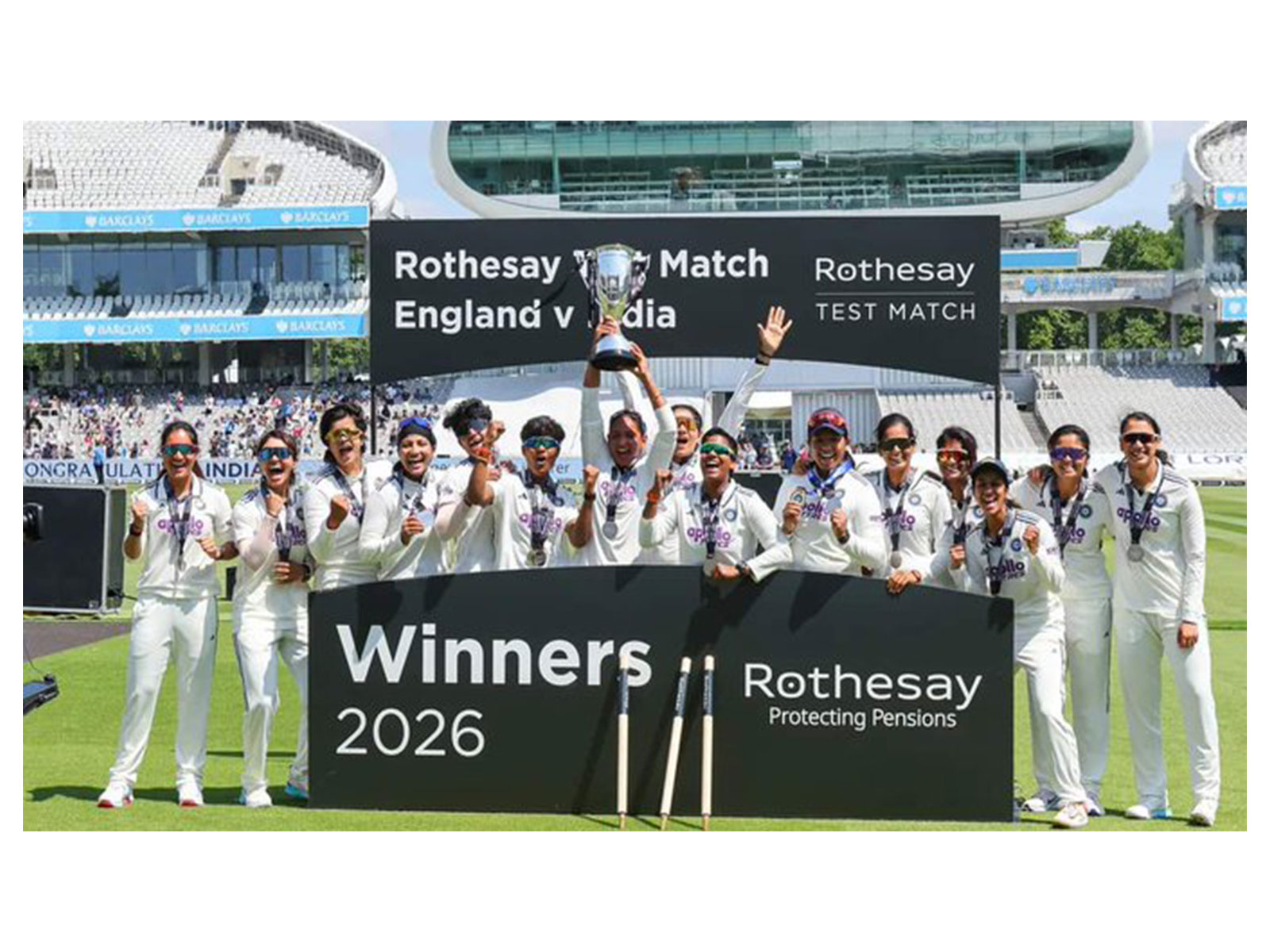 Indian players posing with trophy after winning One-Off Test against England at Lord's. (Photo: X/@BCCI)