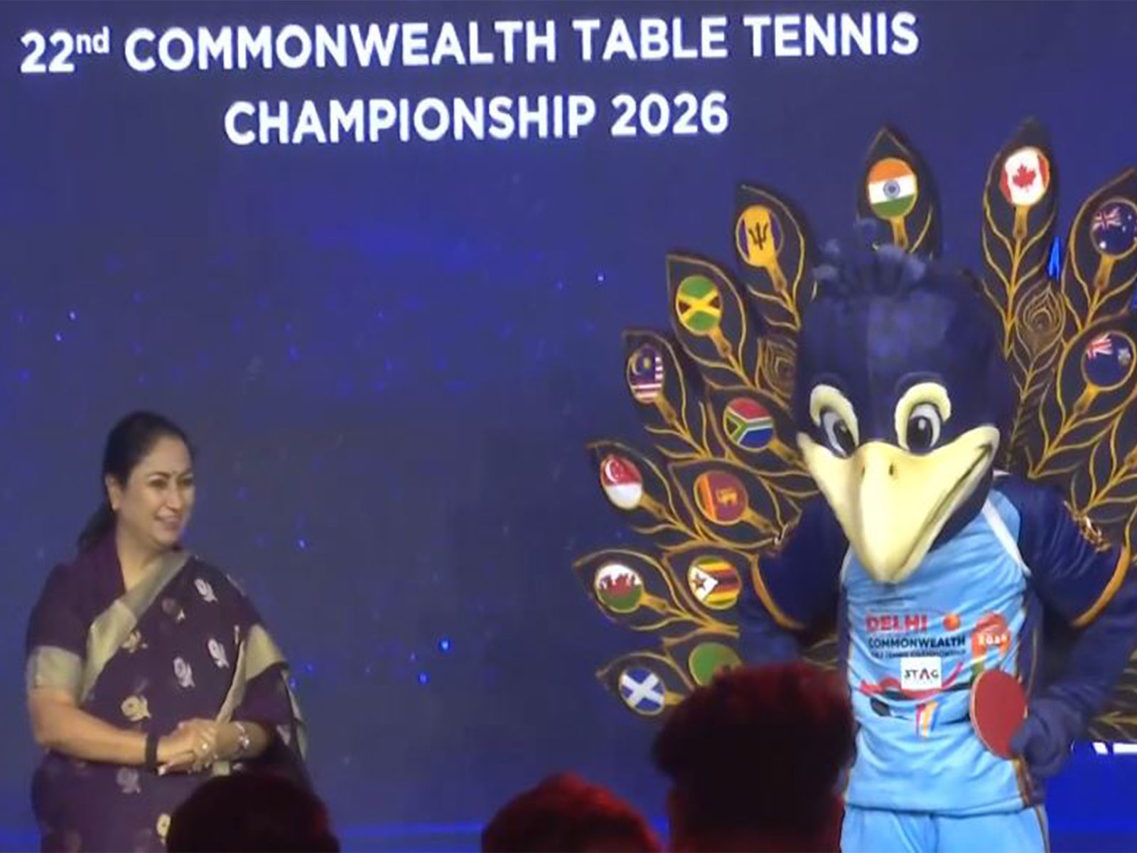 Delhi CM Rekha Gupta with Commonwealth Table Tennis Championship 2026 mascot 'Mayur'. (Photo: ANI)