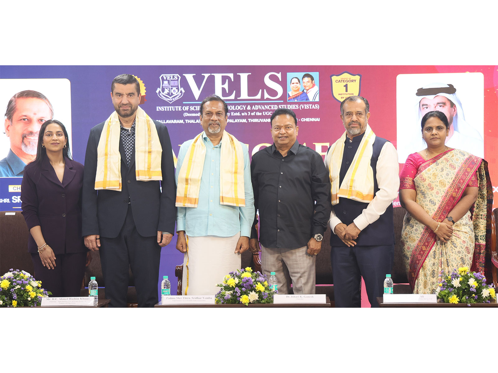  Padma Shri Sridhar Vembu with H.E. Ahmed Mir Hashim Khoori, Mr. M. F. Rawoof Ali, Dr. Ishari K. Ganesh, and Dr. Preethaa Ganesh during the inauguration of the VELS Thiruvanmiyur Campus