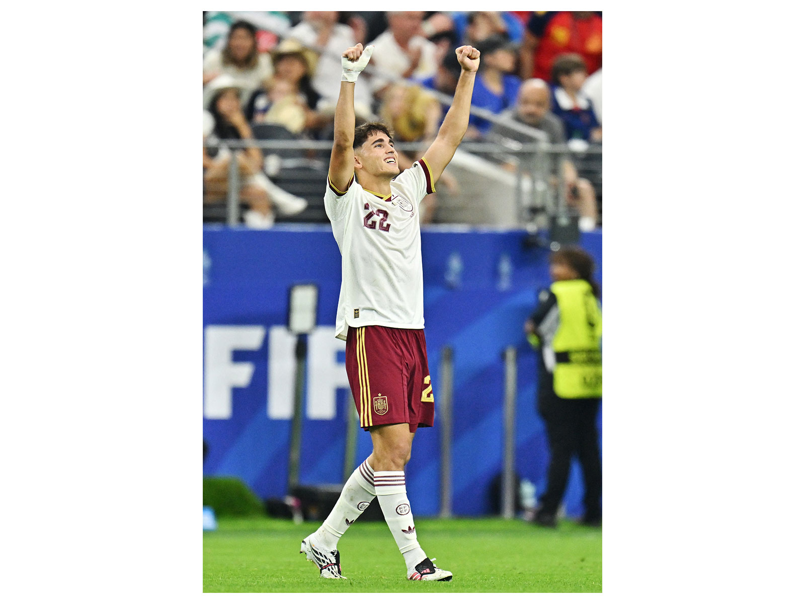 Spain's Pau Cubarsi celebrates after the semifinal match against France (Photo: IMAGN IMAGES via Reuters)