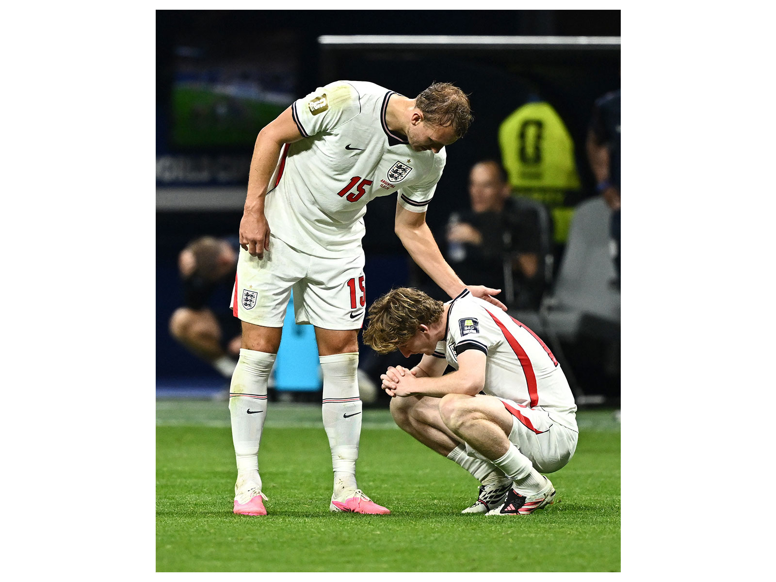 England's Anthony Gordon and Dan Burn look dejected after the semifinal match. (Photo: Reuters)