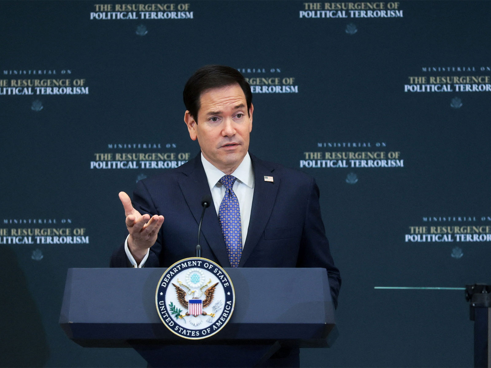 US Secretary of State Marco Rubio addressing the State Department ministerial on the resurgence of political terrorism (Photo/X@SecRubio)