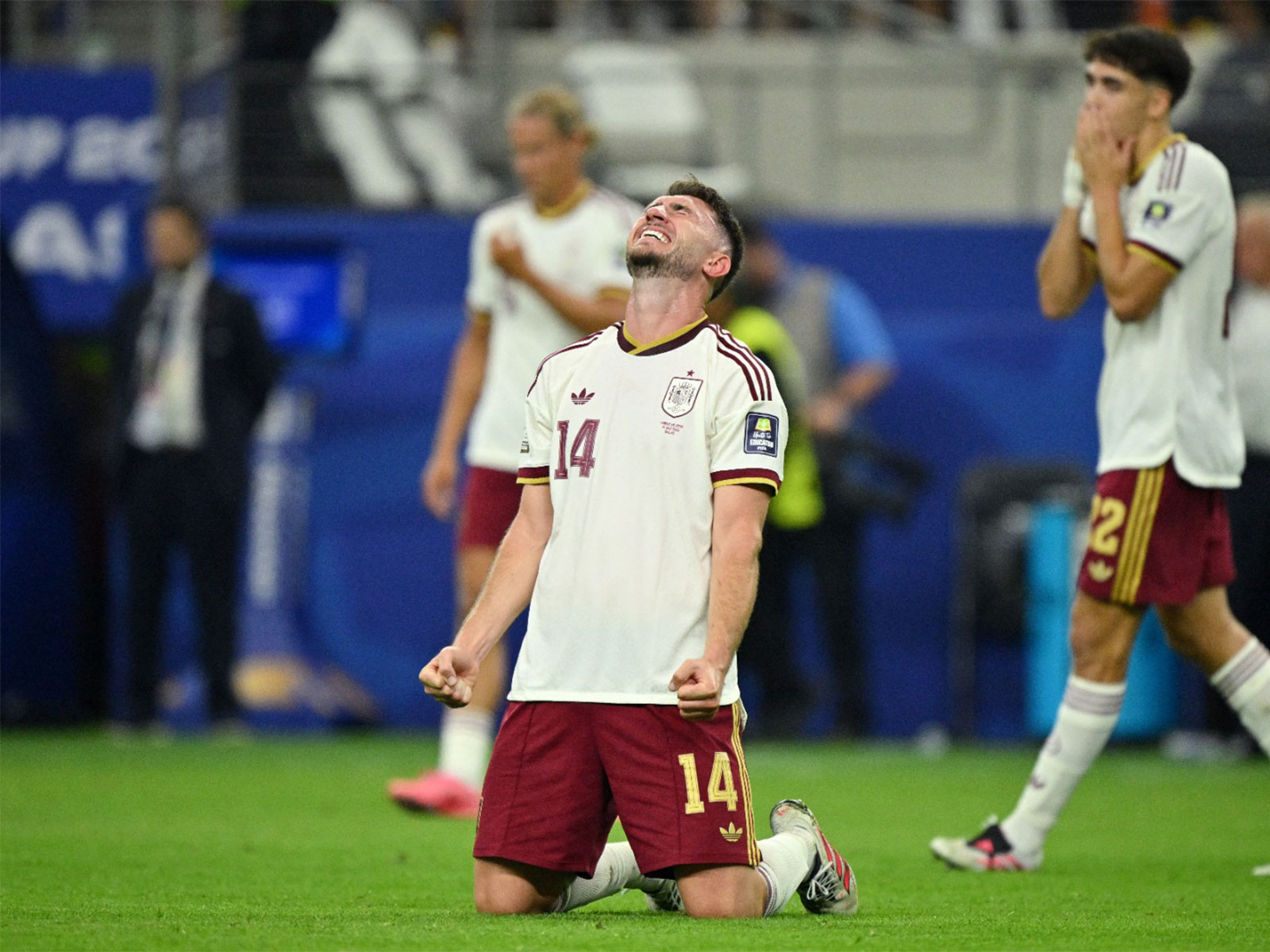 pain's Aymeric Laporte celebrates after the match as Spain qualify for the final of the World Cup. (Photo: IMAGN IMAGES via Reuters)