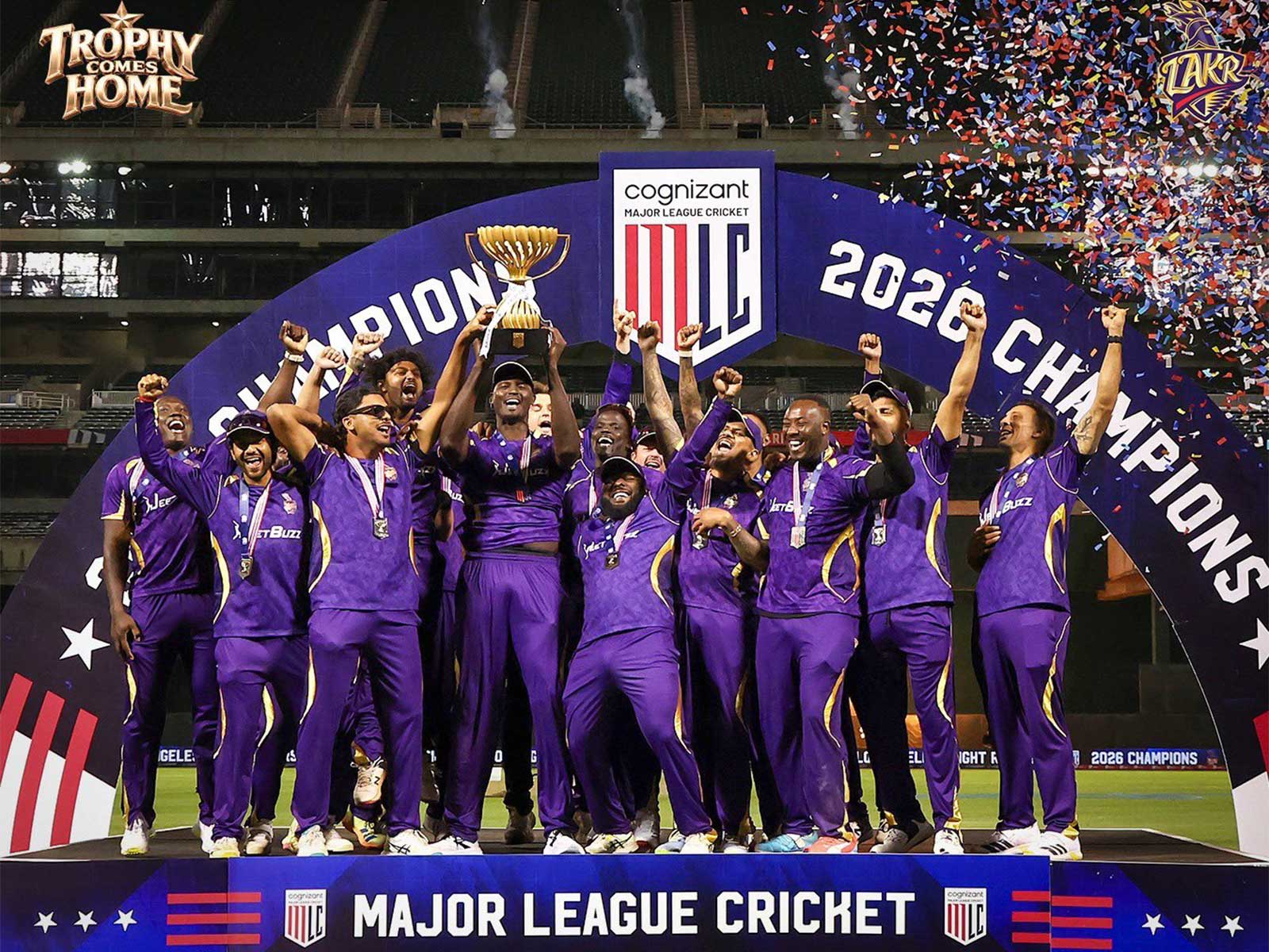 Los Angeles Knight Riders players after winning the MLC 2026 trophy. (Photo: X/ @LA_KnightRiders)