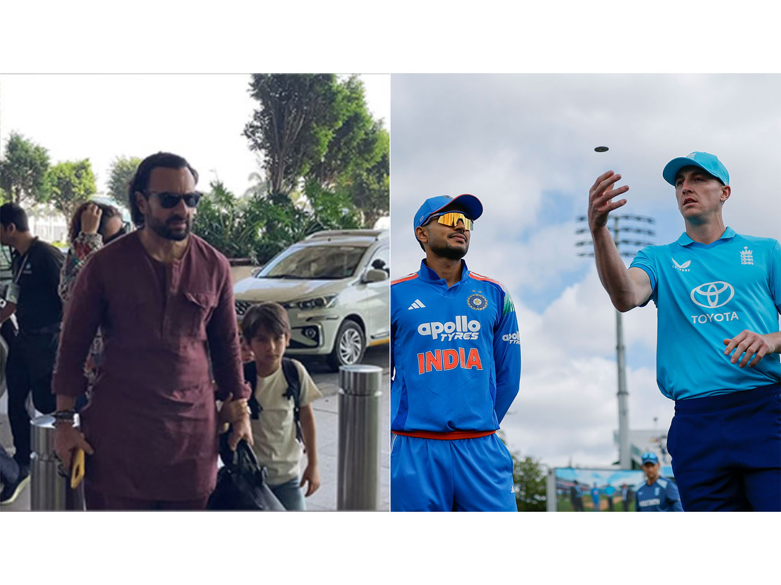 Saif Ali with son Taimur (L) India captain Shubman Gill and England skipper Harry Brook (Photos: ANI/X/ @BCCI)