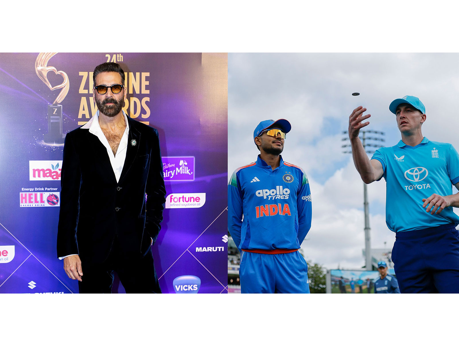 Akshay Kumar (Photo/ANI) and (L) India captain Shubman Gill and England skipper Harry Brook(Photo: X/ @BCCI)