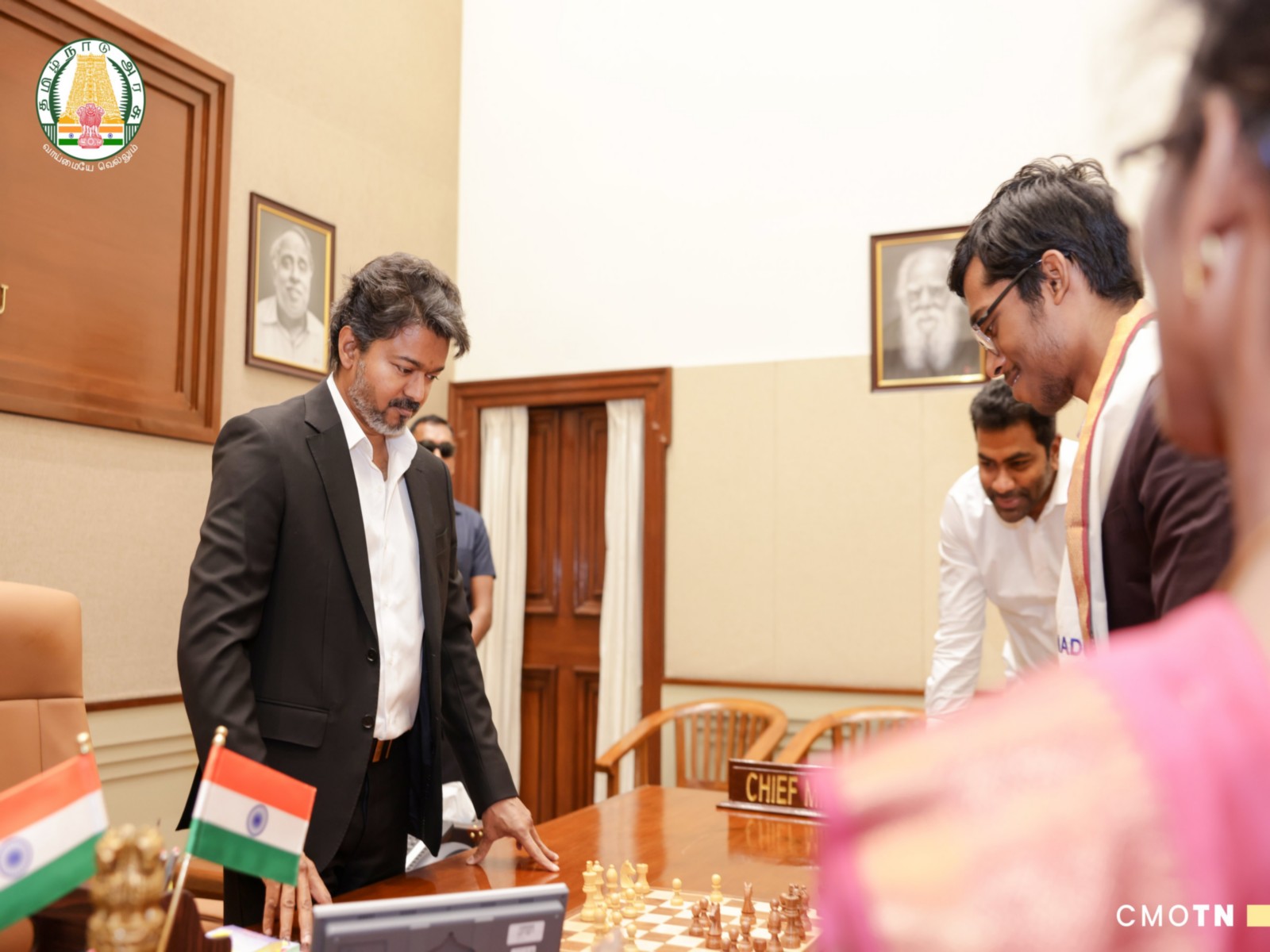 Tamil Nadu CM Vijay with GM Praggnanandhaa. (Photo: X/ @CMOTamilnadu)