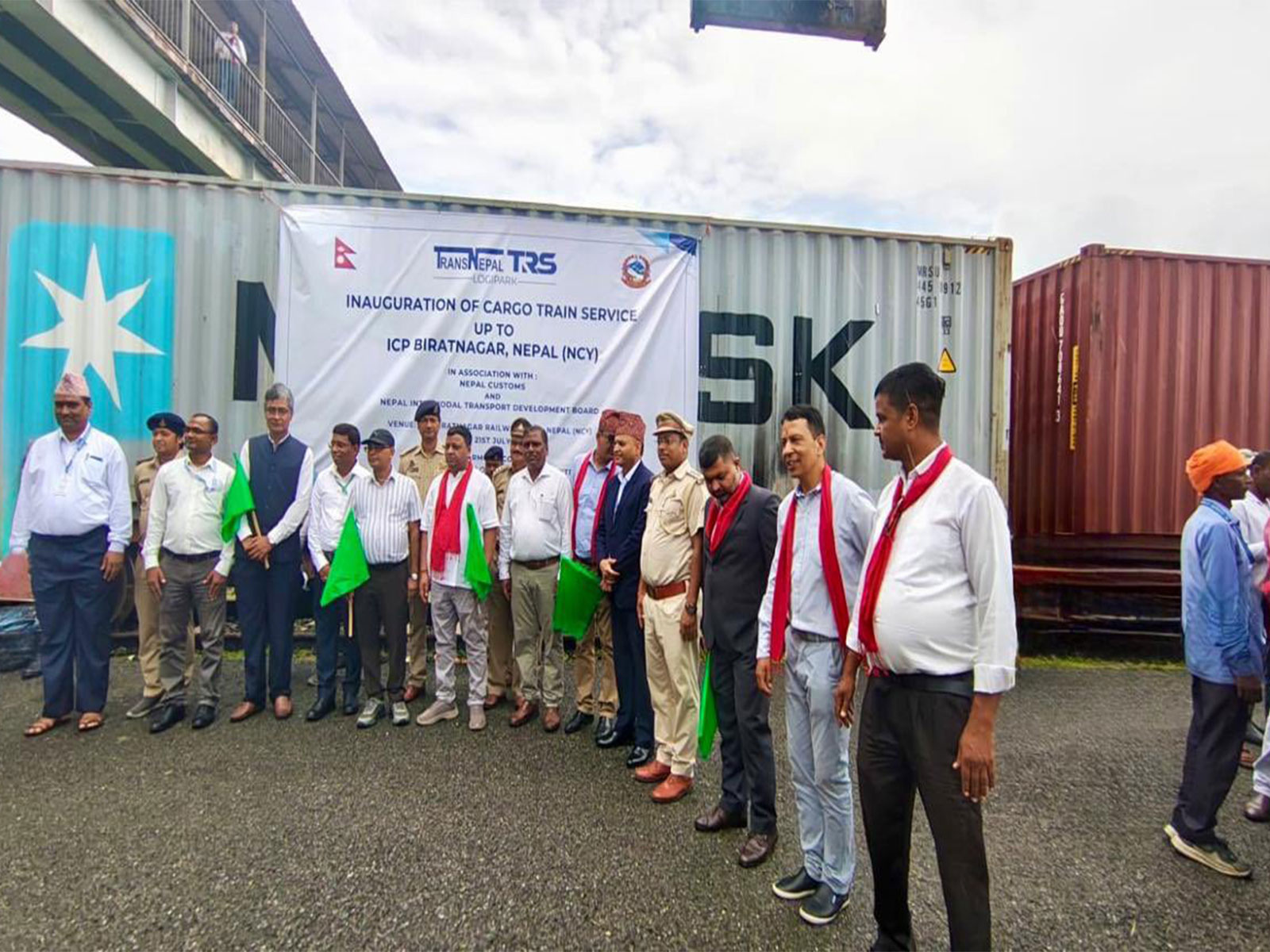Officials flag off the first direct commercial freight train service to the Nepal Customs Yard (NCY) in Biratnagar, Nepal. (Photo: X/@IndiaInNepal)