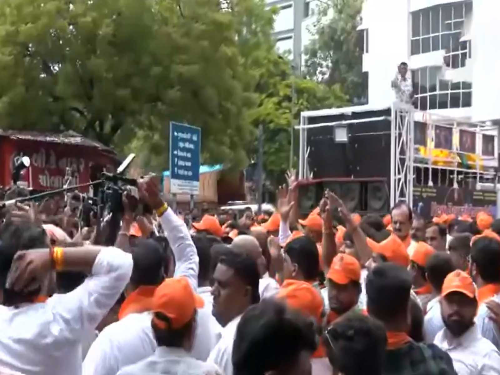 Gujarat BJP workers protested outside the Congress office (Photo/ANI)