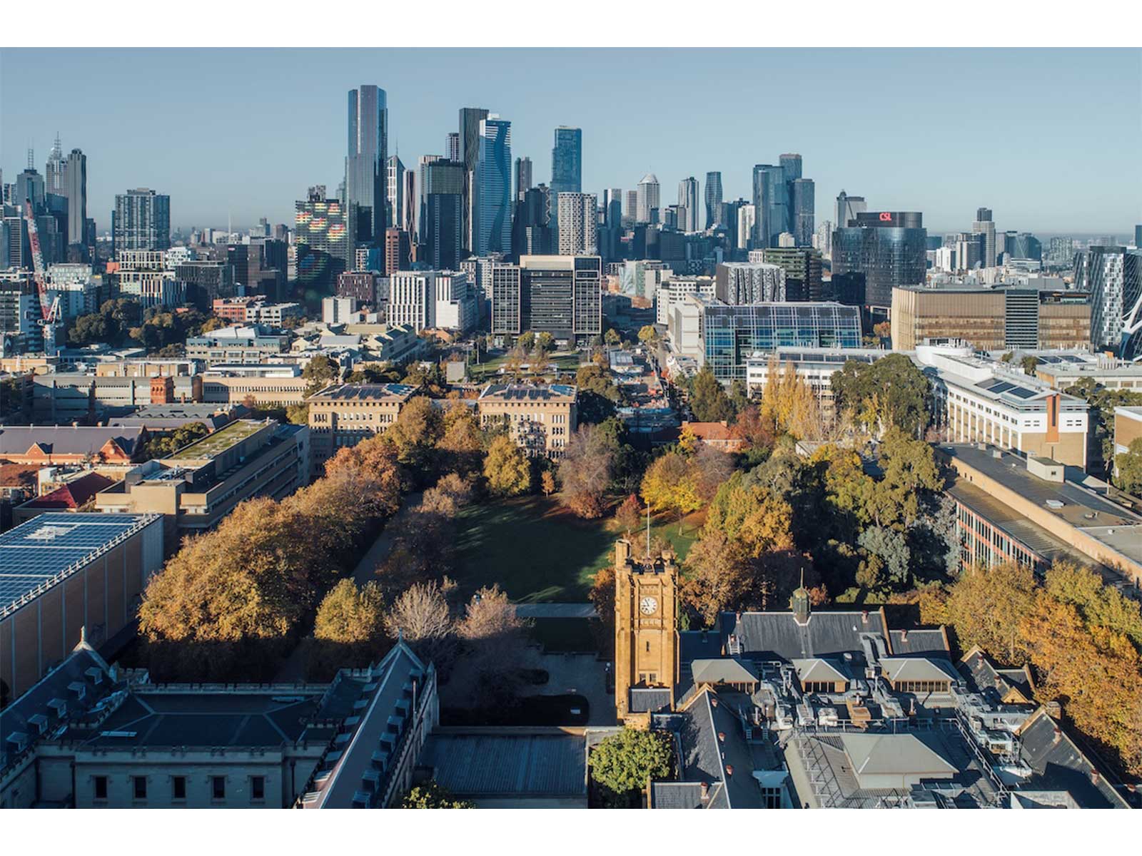 The University of Melbourne's Parkville campus with views of the Melbourne CBD