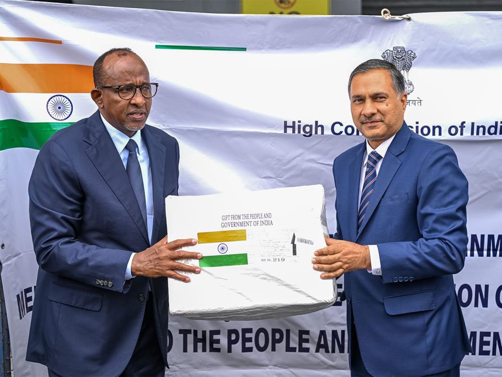 High Commissioner Adarsh Swaika hands over consignment to Kenya's Cabinet Secretary for Health, Aden Duale, at Jomo Kenyatta International Airport (JKIA), Nairobi (Photo/X/@IndiainKenya)