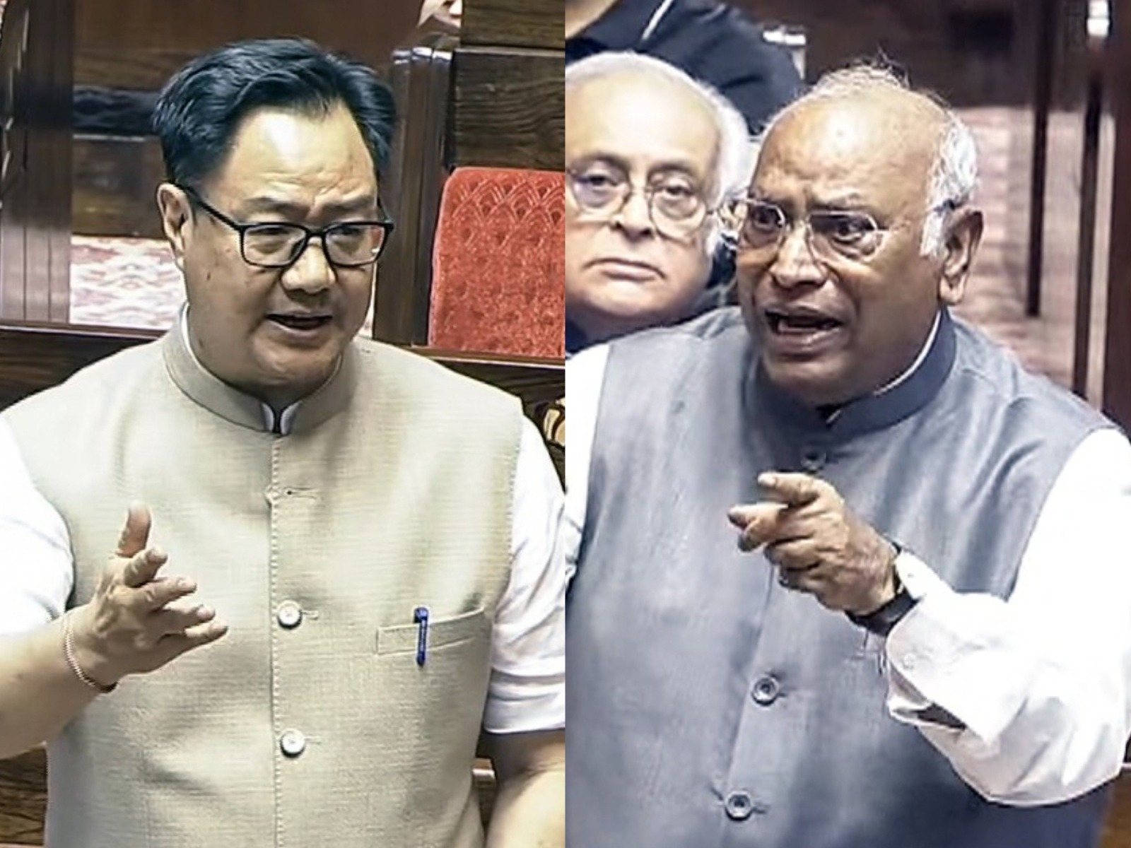 Union Minister Kiren Rijiju and Rajya Sabha LoP Mallikarjun Kharge (Photo/ANI)