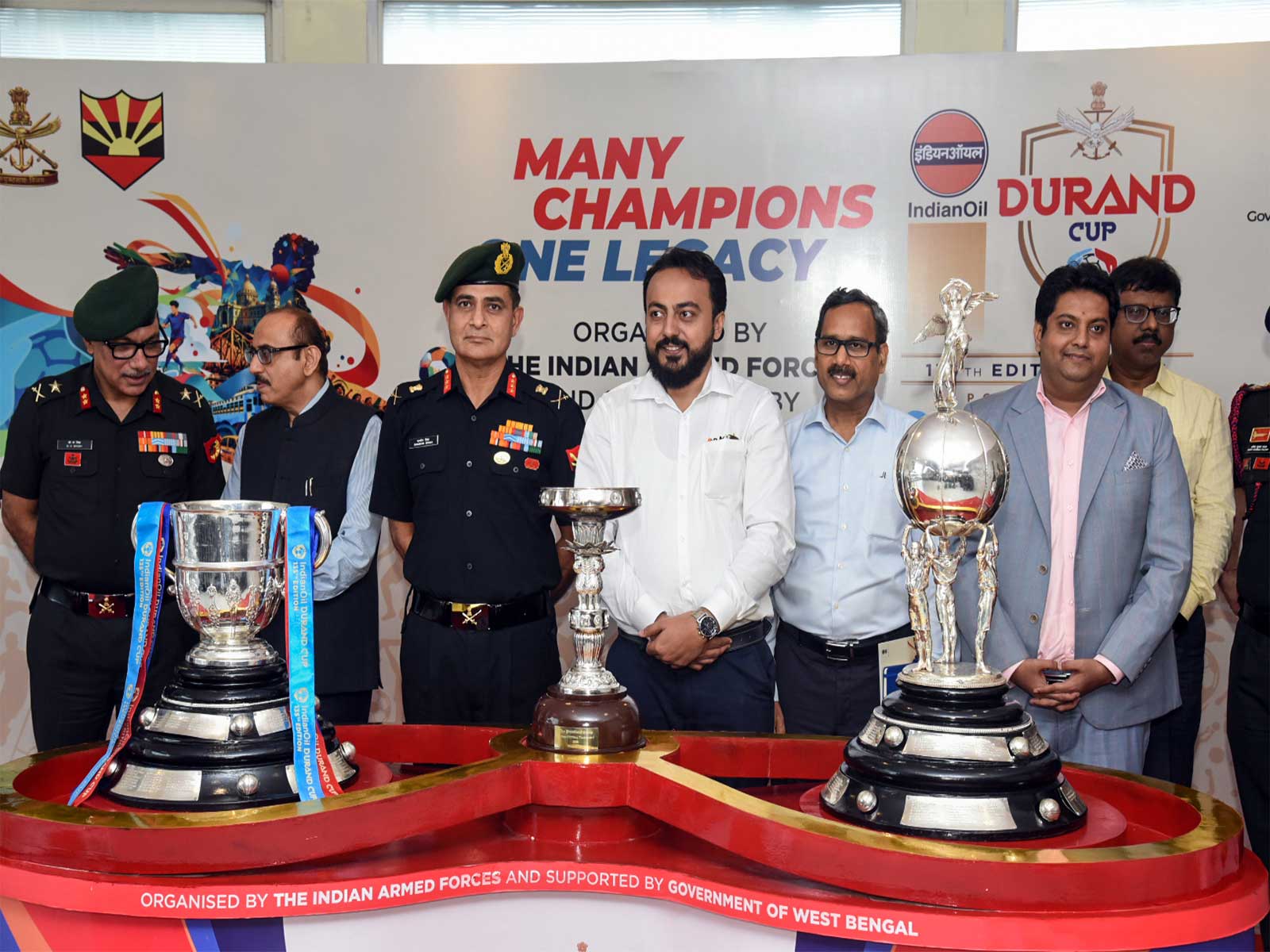 Bengal Minister Indranil Khan and Lieutenant General Gambhir Singh during the 135th Durand Cup 2026 Trophy Showcase. (Photo/ANI) 