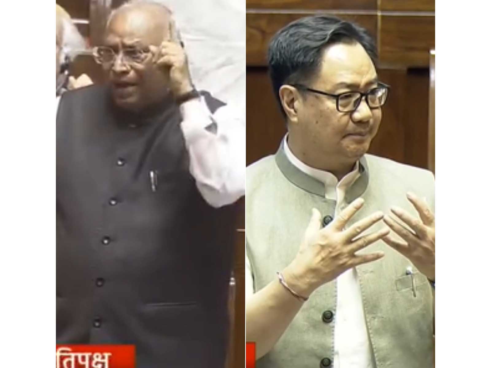 Leader of Opposition in the Rajya Sabha, Mallikarjun Kharge and Parliamentary Affairs Minister Kiren Rijiju  (Photo/ Sansad tv)