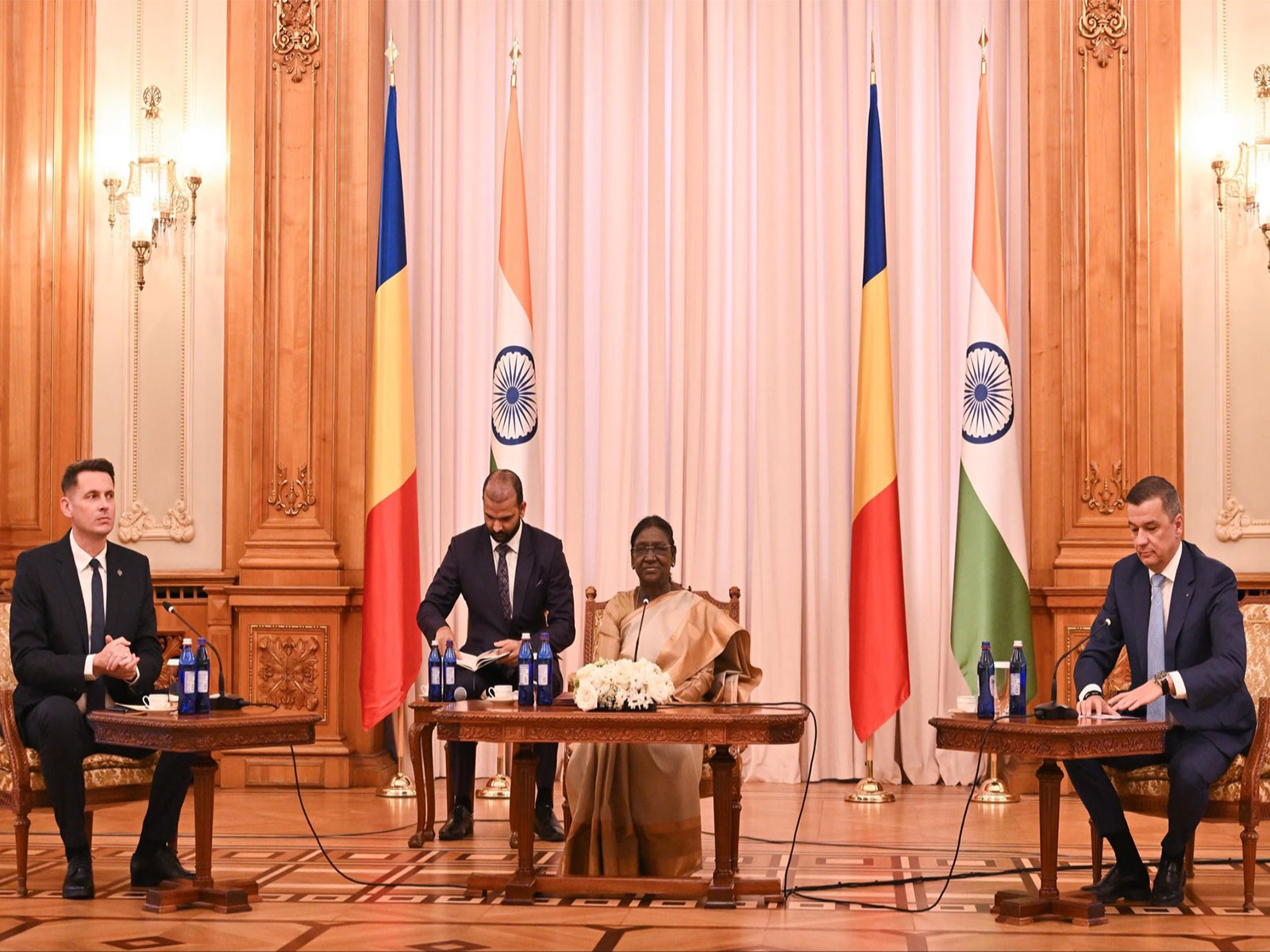President Droupadi Murmu meets the President of the Romanian Senate, Mircea Abrudean and the President of the Chamber of Deputies, Sorin-Mihai Grindeanu (Photo/X/@MEAIndia)