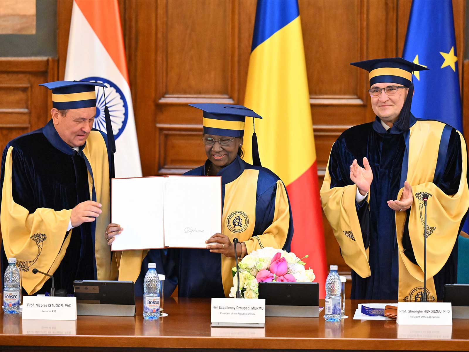 The Bucharest University of Economic Studies confers an Honorary Doctorate on President Droupadi Murmu in Romania (Photo/X/@rashtrapatibhvn)