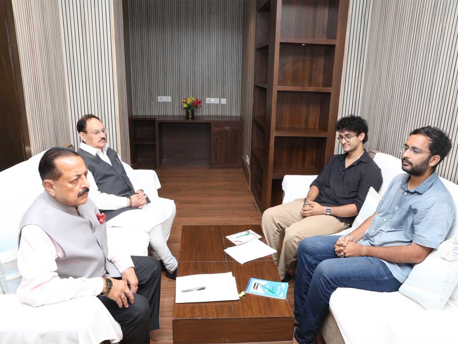 Union Ministers JP Nadda, Jitendra Singh with CJP delegation Sourav Das, Ashutosh Ranka at Constitution Club in Delhi (Photo/ANI)