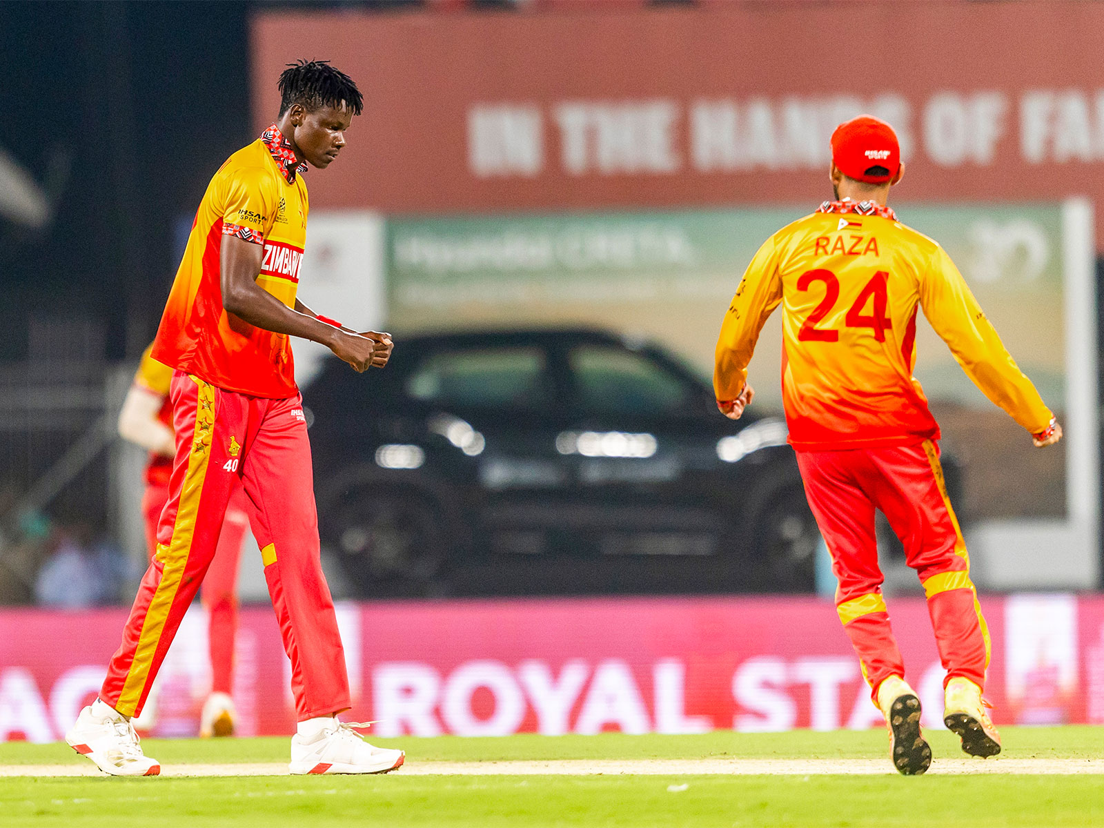 Zimbabwe's Blessing Muzarabani and skipper Sikandar Raza. (Photo: ANI)